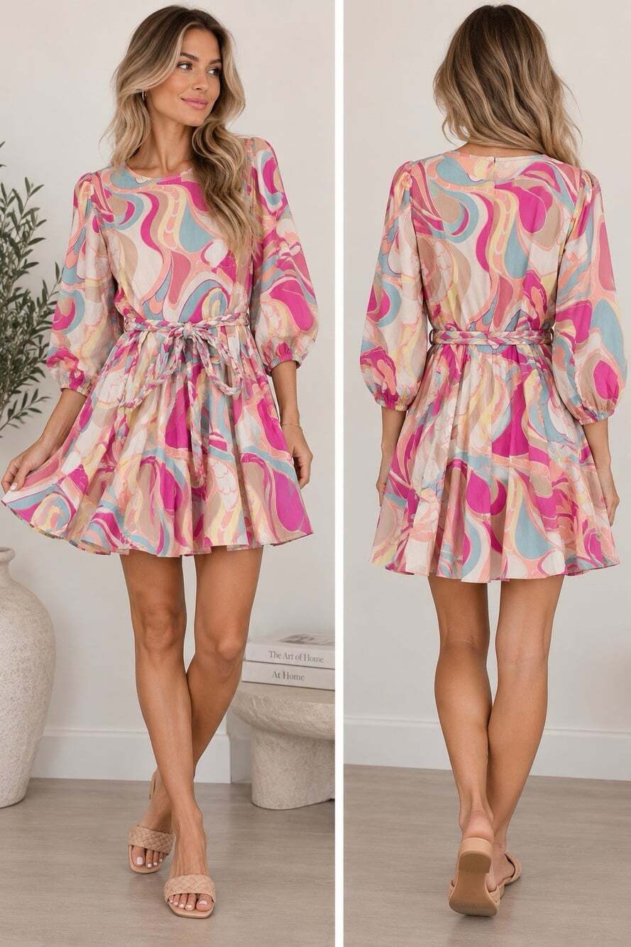 Aakaa Multicolor Retro Swirl Belted Mini Dress Size Medium NWT